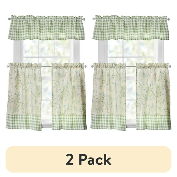 (2 pack) The Pioneer Woman Sweet Sprigs Curtain Tier Pair and Valance Set, 3-Piece, 60" W x 36" L, Green