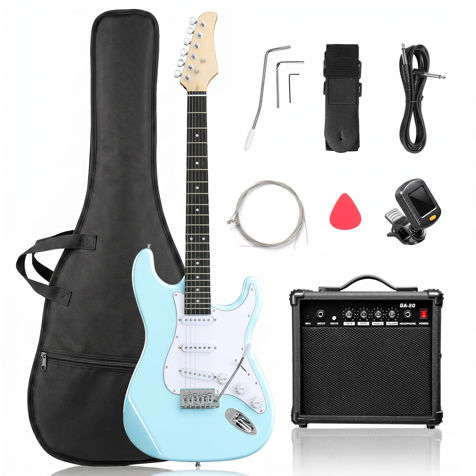 Ktaxon 39in Electric Guitar Kit with 20W Amplifier, Triple Single-Coil Pickups, Engineered Wood Fingerboard, Light Blue