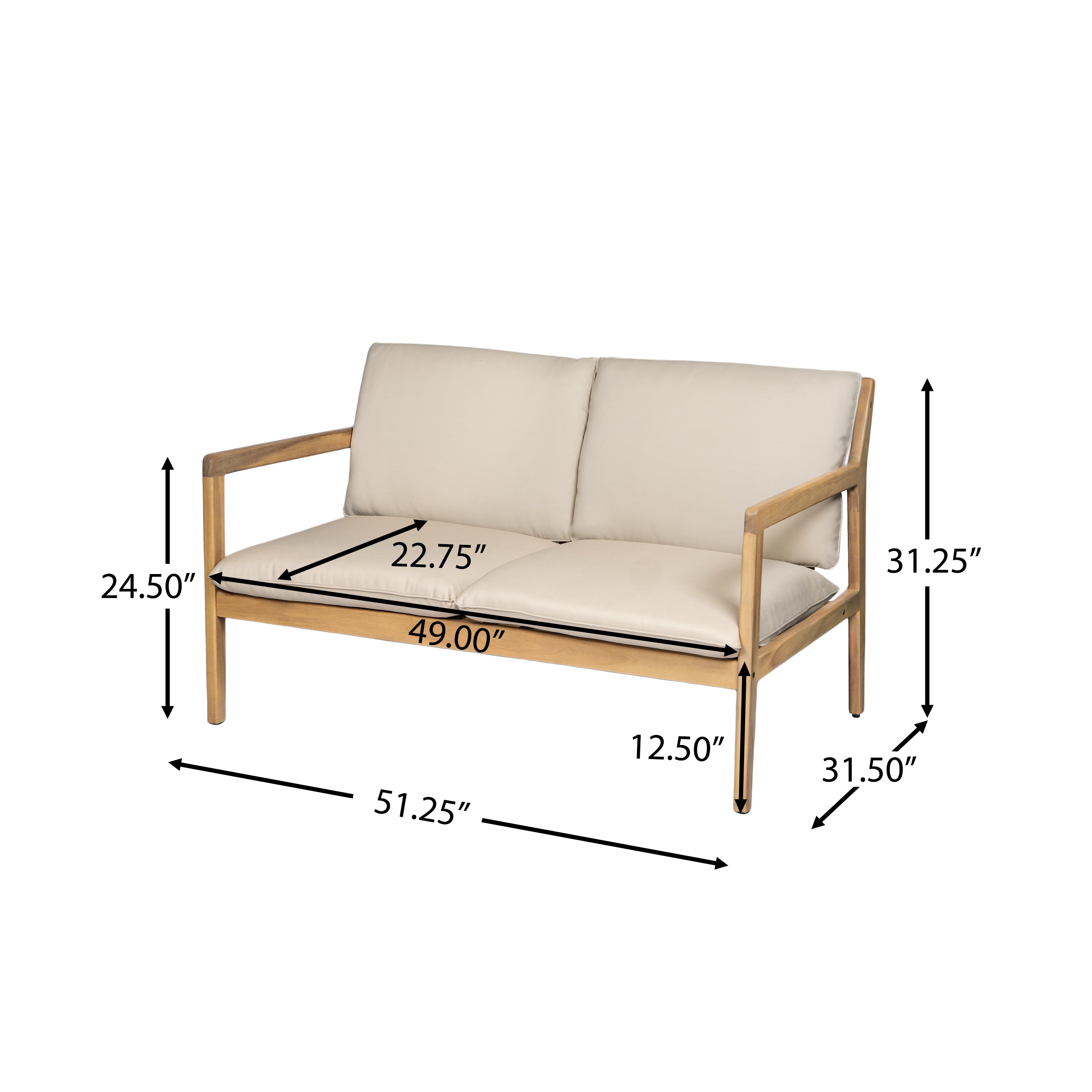 Loveseat with Coffee Table, Outdoor Acacia Wood Furniture for Patio Garden, Light Teak and Beige