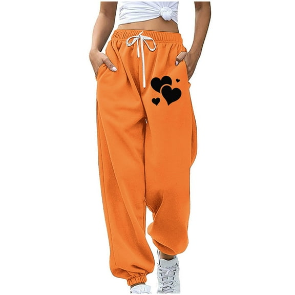 miqiqism Clearance Womens Valentines Pant Casual High Waisted Sweatpants Cute Heart Trousers Trendy Drawstring Pants Athletic Lightweight Soft Outfits,01_Orange,Small