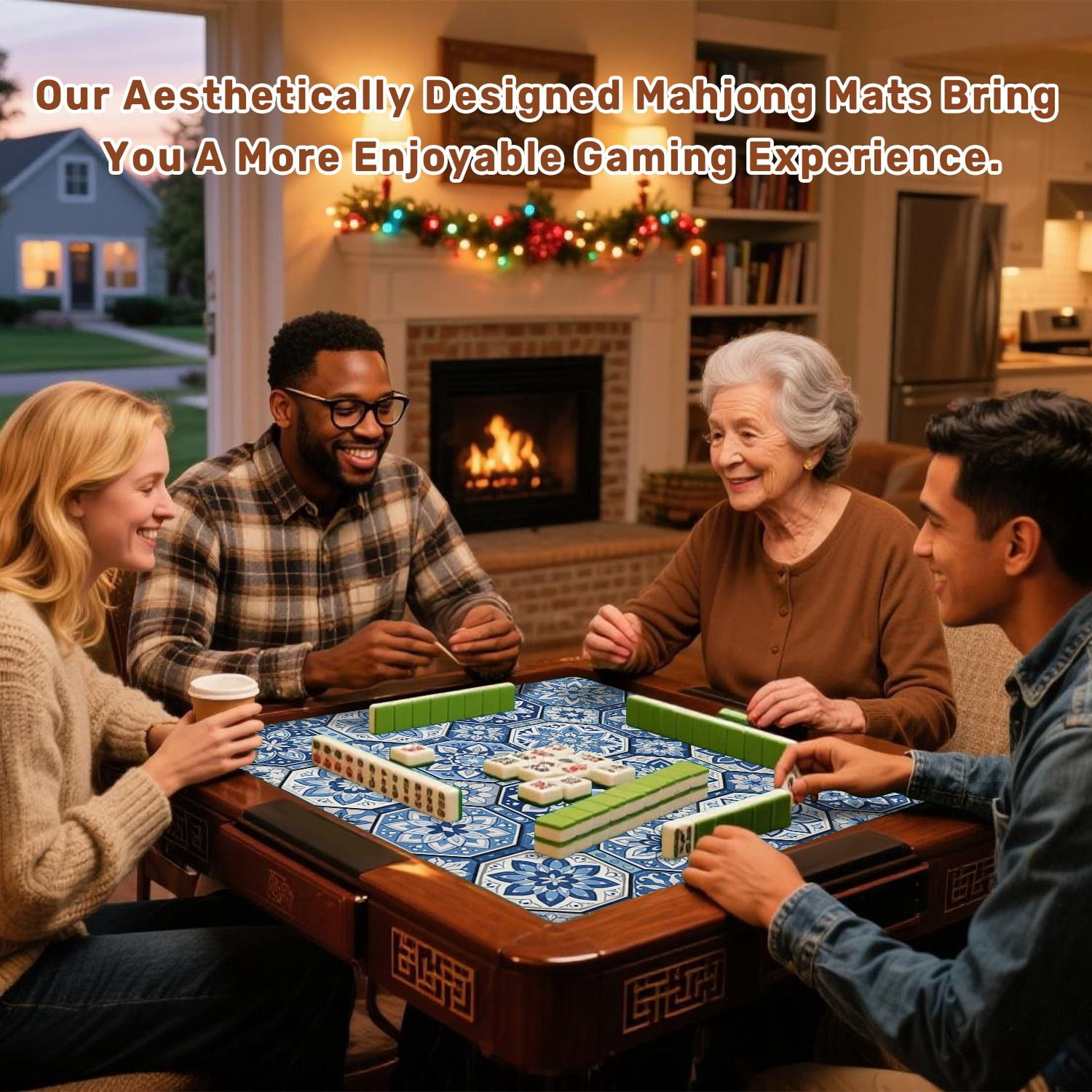 Mahjong Mat 31.5" x 31.5" Blue Floral Intricate Tile Geometric Shapes Anti-Slip and Noise Reduction Symmetry Design Mahjong Tiles Table Cover for Dominoes Poker Card Board and Tile Games