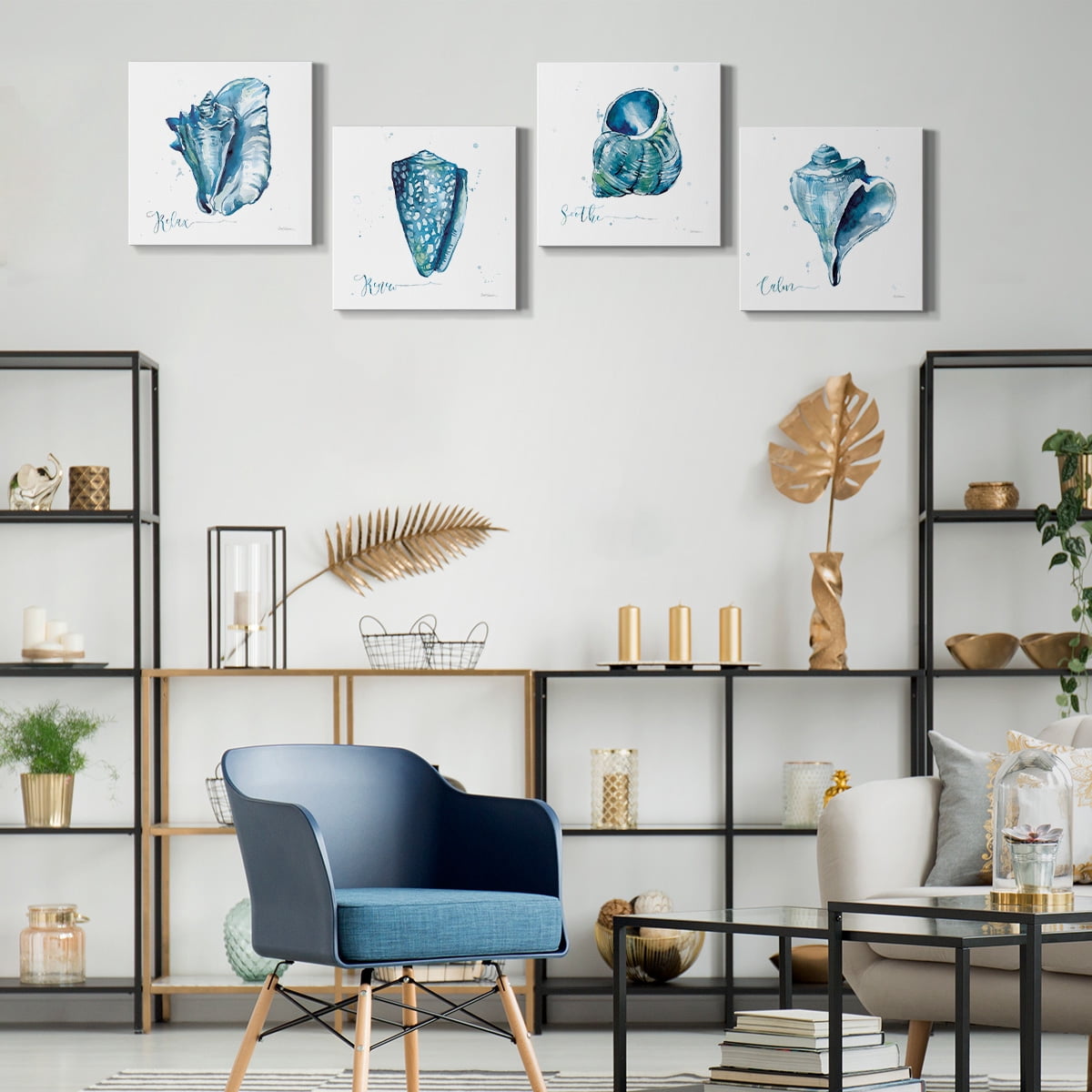 Wexford Home Seashell Beach House Theme Wall Décor 16 x 16 inches, Set of 4 Nautical Wall Art Canvas Prints Decoration for Bathroom Bedroom Living Room