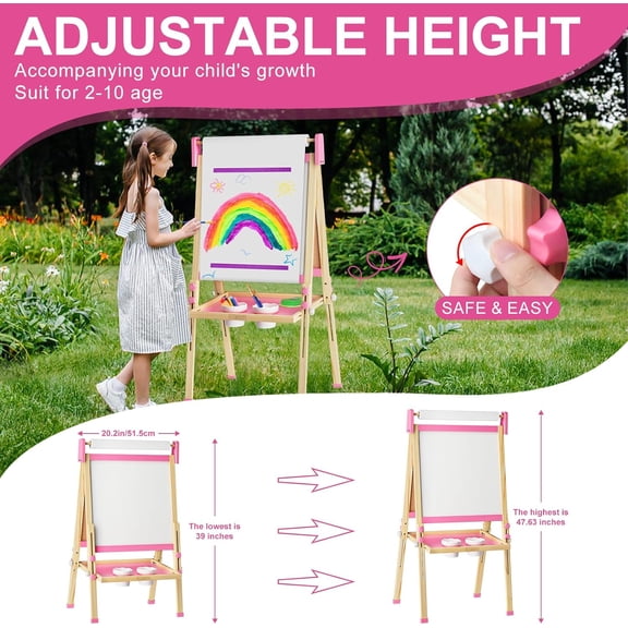 Adjustable Wooden Toddler Art Easel with Magnetic Whiteboard and Chalkboard, Pink for Kids Ages 4-13