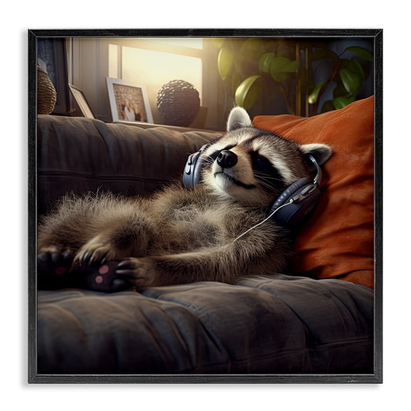 Stupell Industries Cottage Raccoon Relaxing Headphones Black Framed Giclee Art, 17 x 17, by Jim Baldwin