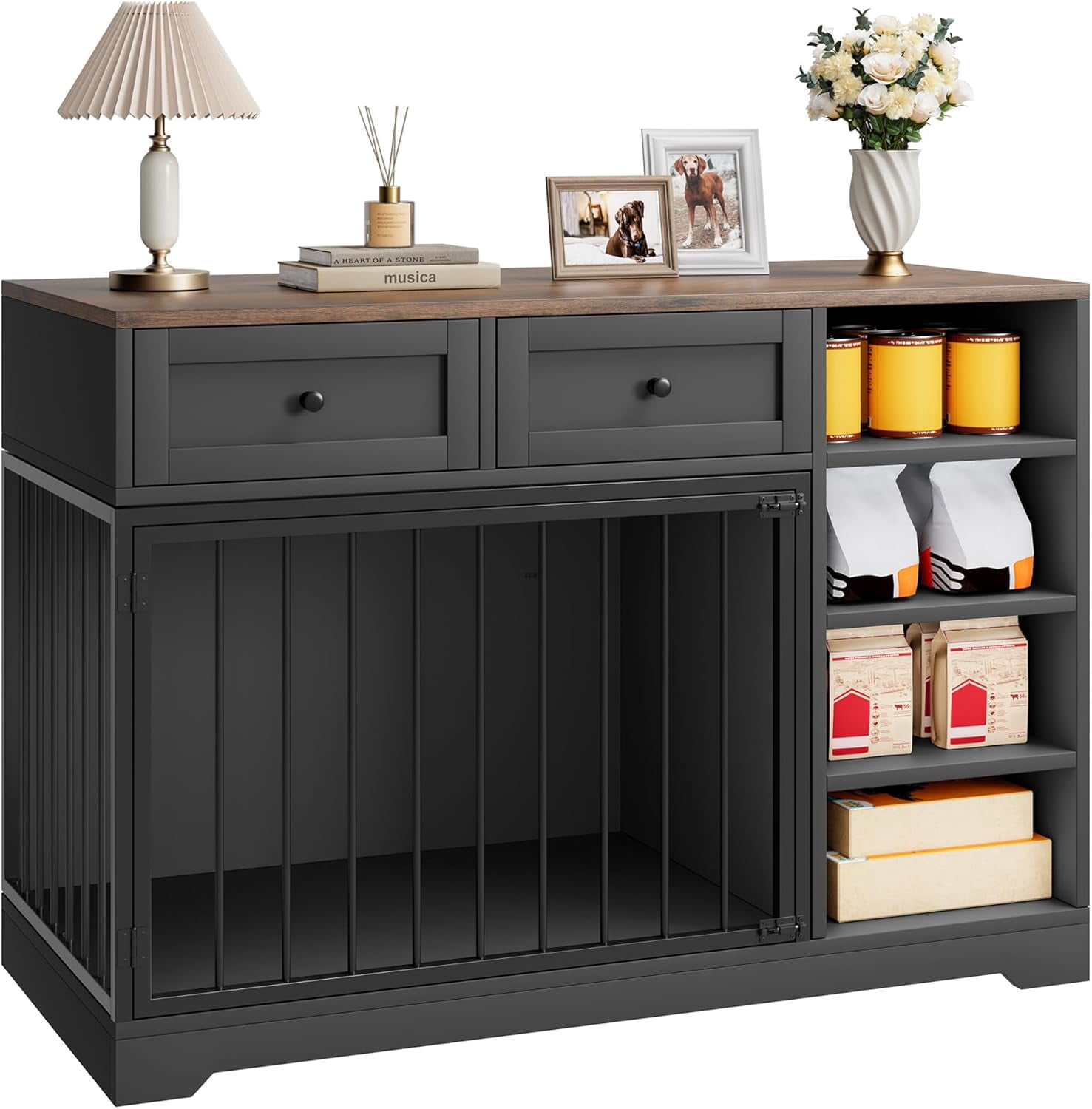 Homhougo Dog Crate Furniture 47”, Large Dog Crate TV Stand with 2 Drawers and 4 Shelves, Wooden Dog Kennel Indoor, Decorative Dog Cage with Storage for Large Dogs, Black