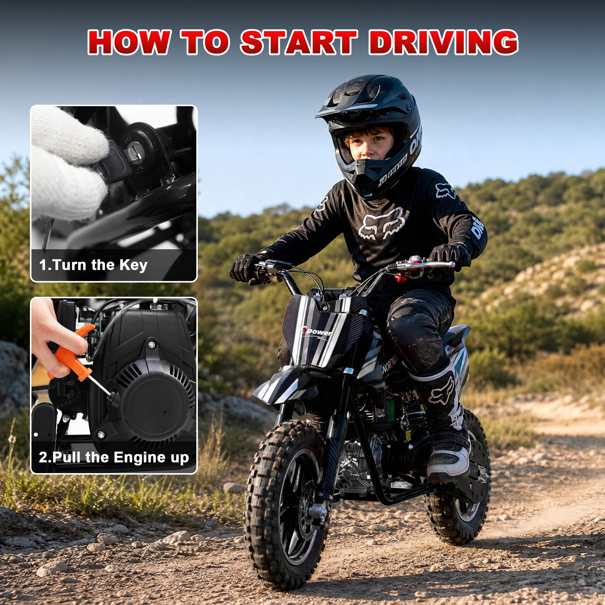 Gpower 50cc 4-Stroke Dirt Bike for Kids 8-14, Gas Power Mini Dirt Bike,1-Seater,Black