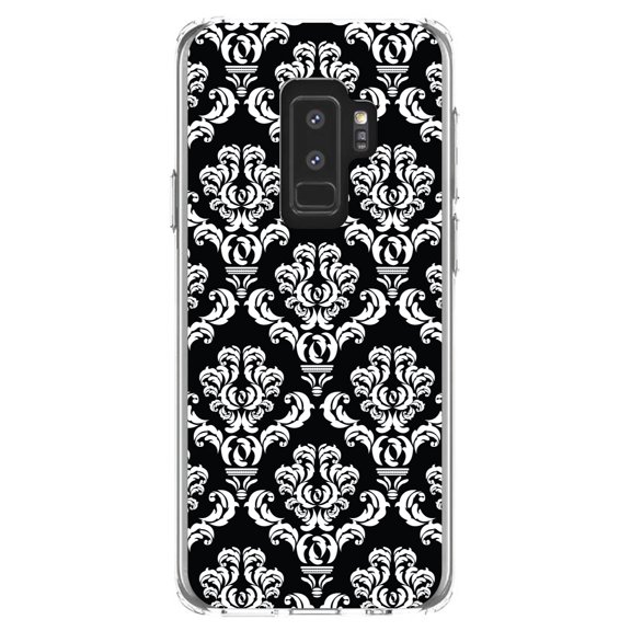 DistinctInk Clear Shockproof Hybrid Case for Samsung Galaxy S9  PLUS (6.2" Screen) - TPU Bumper, Acrylic Back, Tempered Glass Screen Protector - Black White Damask Pattern - Floral Damask Pattern