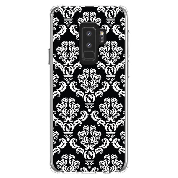 DistinctInk Clear Shockproof Hybrid Case for Samsung Galaxy S9+ PLUS (6.2" Screen) - TPU Bumper, Acrylic Back, Tempered Glass Screen Protector - Black White Damask Pattern - Floral Damask Pattern