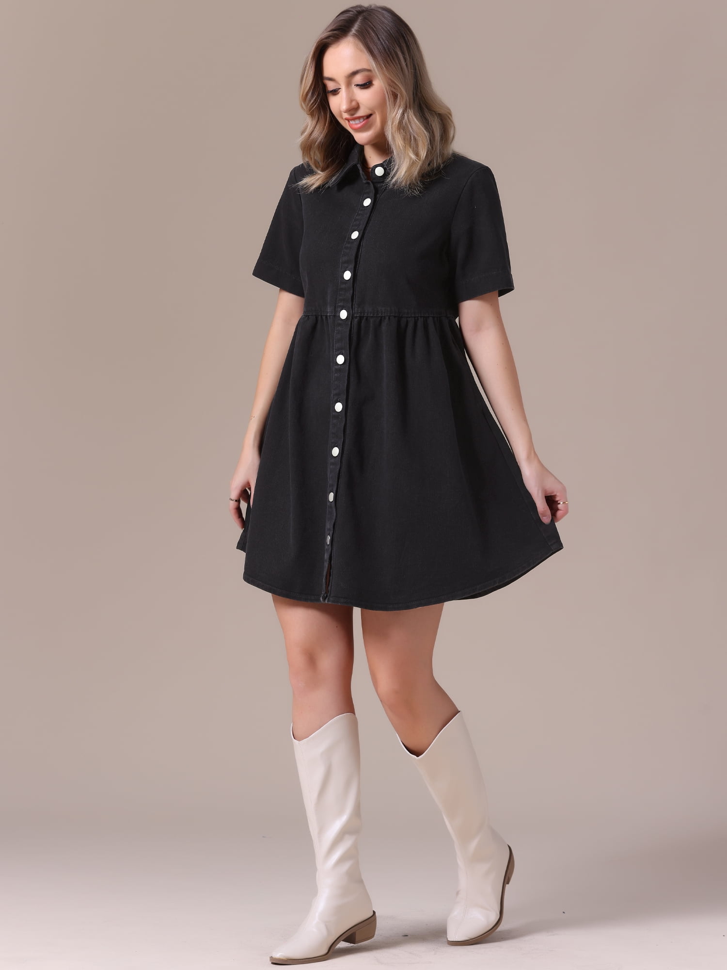 DARING DIVA Women's Denim Babydoll Collared Short Sleeve Button Down Dress S Black