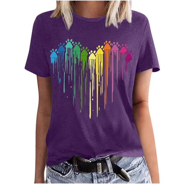 Camisetas de Manga Corta para las Mujeres Impresas Cuello Redondo Casual Camiseta, 95% Poliéster 5% Spandex Vintage Ligero Top para Diario, Fiesta Y Primavera