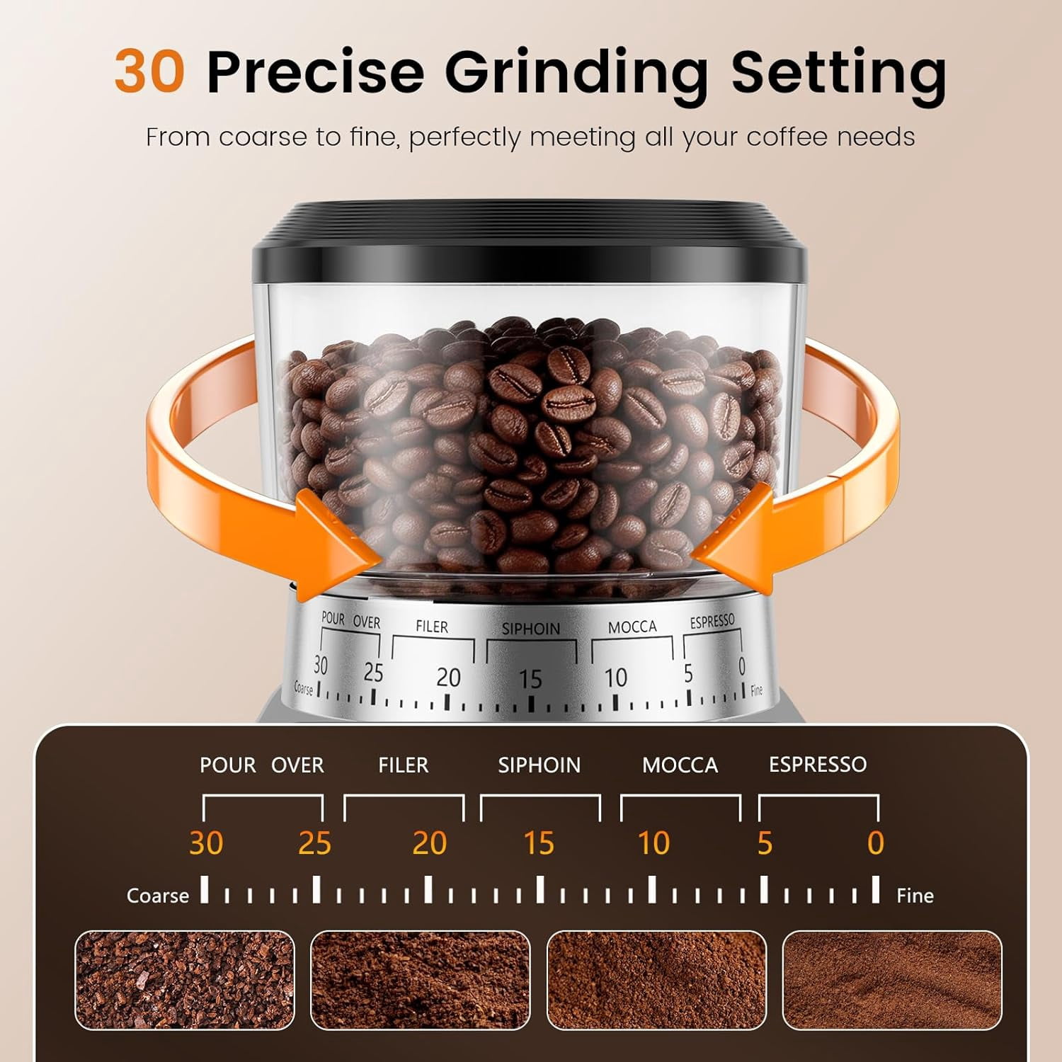 Electric Burr Coffee Grinder with 30 Settings, Stainless Steel Conical Burr for Home Kitchen