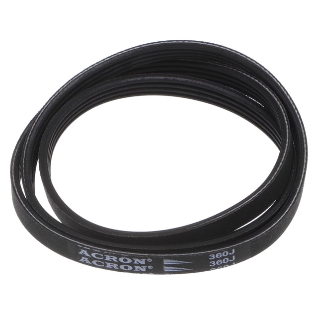 Unique Bargains 360J4 PJ V-Ribbed Belt with a 36-inch length, 0.37-inch width, and 0.14-inch height. Made of EPDM rubber, it offers high-temperature resistance, oil resistance, and wear resistance. Designed for industrial machinery, appliances, and power tools, such as compressors, pumps, drills, and saws. The black belt features a multi-rib design for enhanced traction and load distribution.