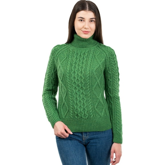 SAOL Aran Women's Irish Sweater 100% Merino Wool Fisherman Cable Knit Turtleneck Pullover Made in Ireland