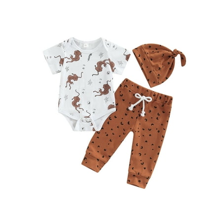 

wybzd Baby Boy Summer Cartoon Leopard Printed Short Sleeve Round Collar Romper and Long Pants with Cap 3PCS Set 0-18 Months