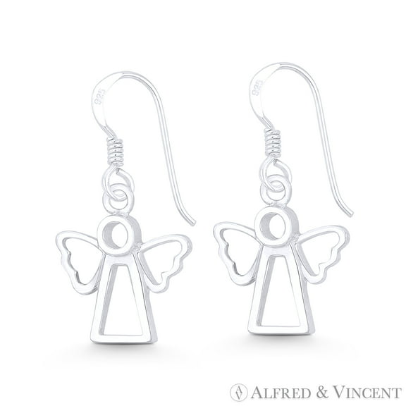 Robed Guardian Angel w/ Wing Cherub Charm Dangling Hook Earrings in .925 Sterling Silver