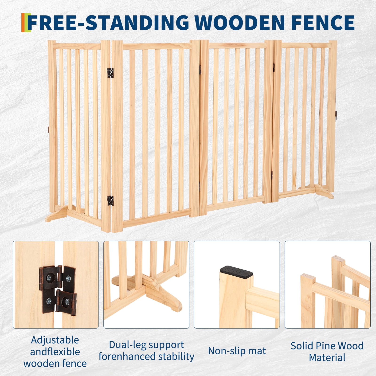 Freestanding Pet Gate, Wooden Dog Fence with 2 Support Feet, Collapsible Dog Gate for Indoor, Stairs, Doorway, Hall, Kitchen, Step-Over Safety Pet Barrier, Paint-Free, 4 Panel H:36"