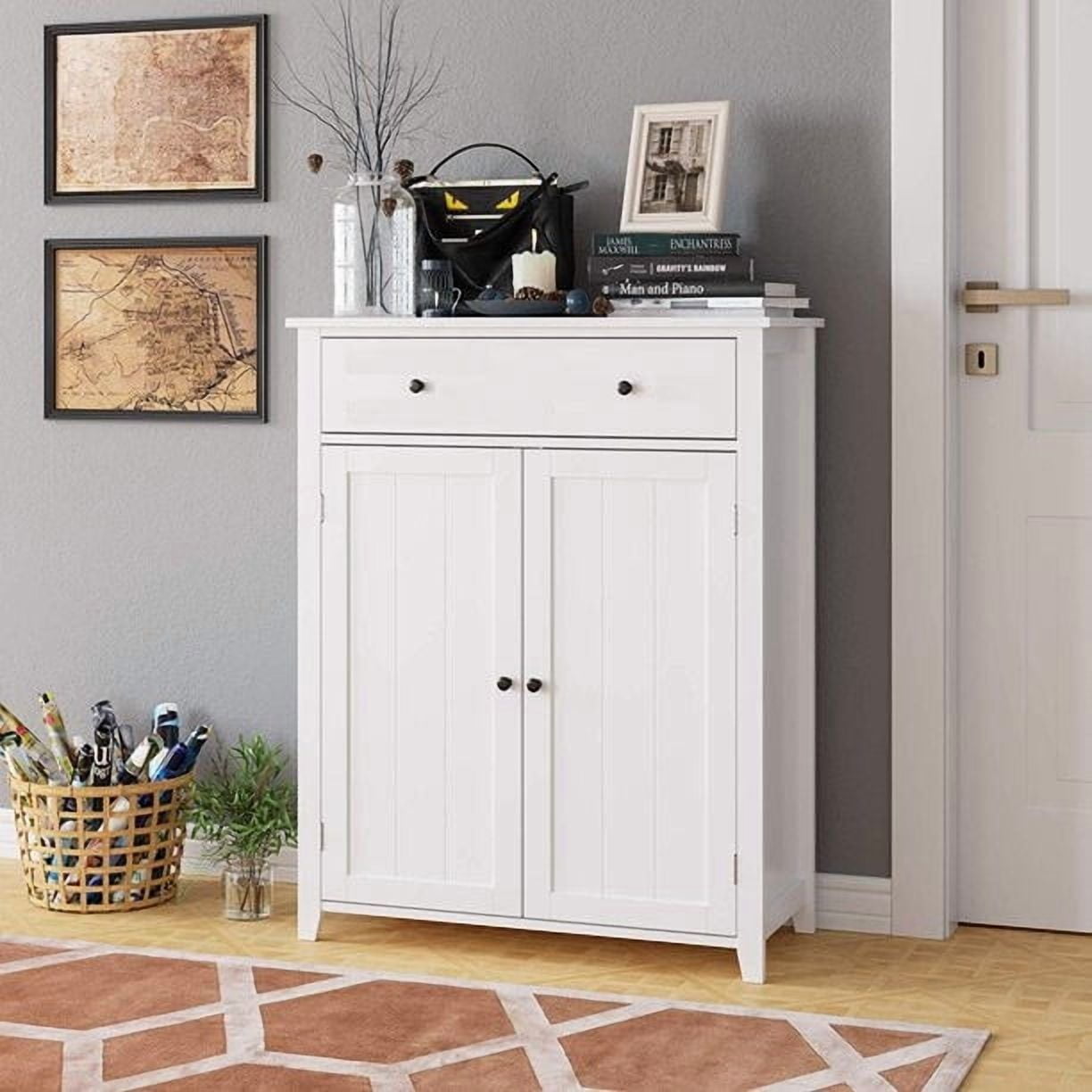 FASCK Wooden Bathroom Storage Cabinet, Modern Bathroom Organizer Cabinet with 3 Heights Adjustable Shelf, Drawer & 2-Door Shelf for Living Room Entryway, Easy Assembly, White