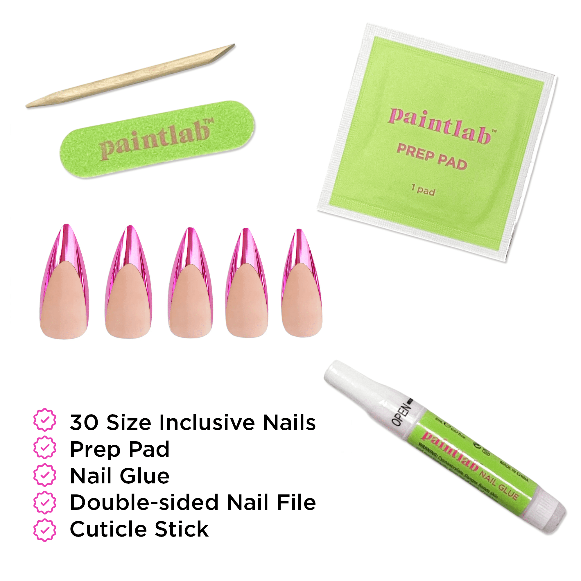 PaintLab Long Stiletto Press On Nails, Pink Chrome, 30 Count
