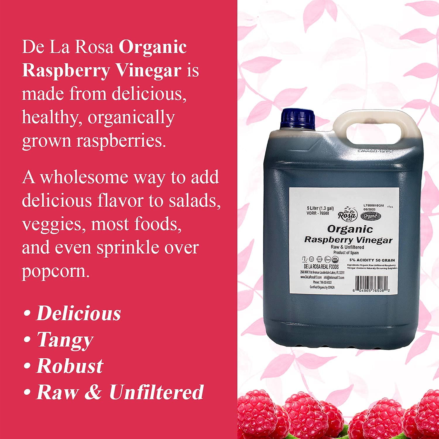 De La Rosa 613 Organic Raspberry Vinegar, Kosher for Passover, 5 Liters