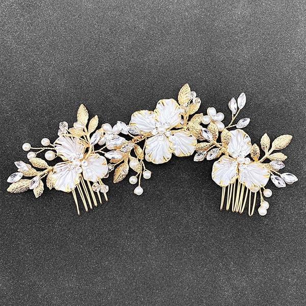 wonima11 Gold Bridal Hair Pieces with Comb Wedding Pearl Flower Leaf Vine Headpiece Hair Accessories for Women