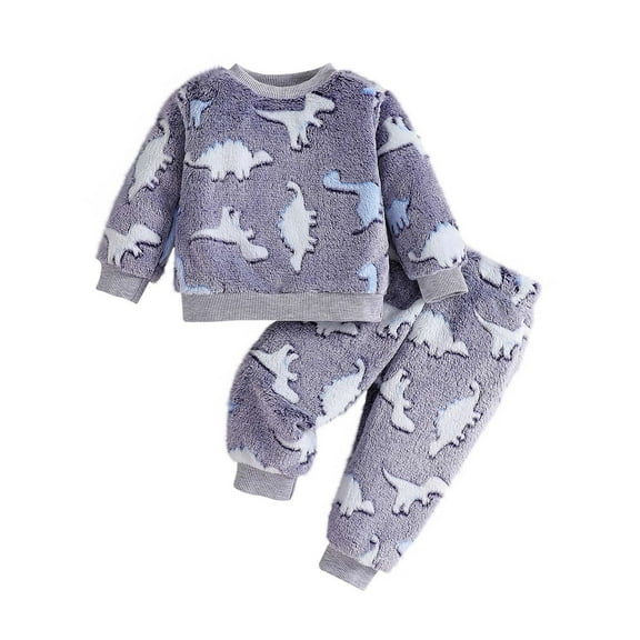 Favoffer Newborn Baby Dinosaur Fleece Set Toddlers Fall Winter Warm Sweatsuit Long-Sleeve Pullover Top Elastic Waist Pants Two-Piece Outfit Boys Girls Clothes 6M-3Y