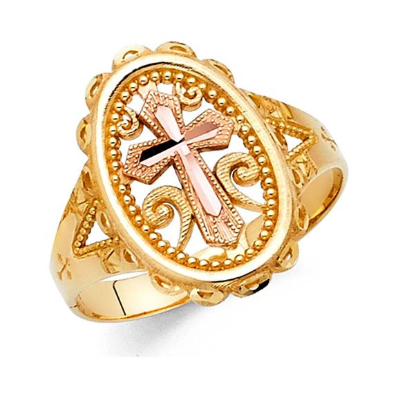 14k Two Tone Italian Solid Gold Religious Crucifix Oval Shape 18mm Ring