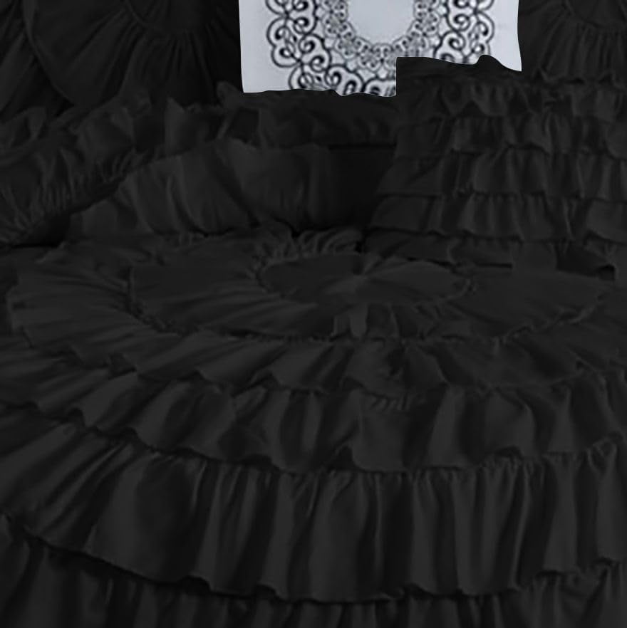 D.N.G. BEDDINGS 100% Egyptian Cotton 3 Piece Circle Ruffle Comforter Set with 1 Freebie Ruffle Pillow | 550 GSM Filled Microfiber - Oversized Super King Size, Black Color - 800 Thread Count