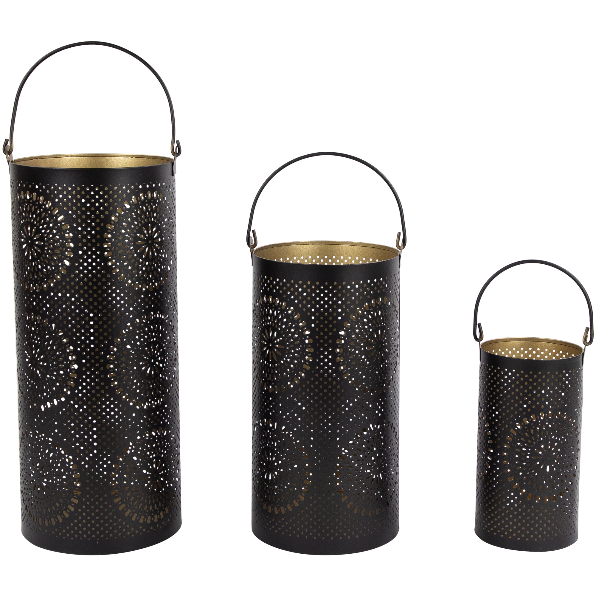 Set of 3 Black and Gold Decorative Floral Cut-Out Pillar Candle Lanterns 12.5"