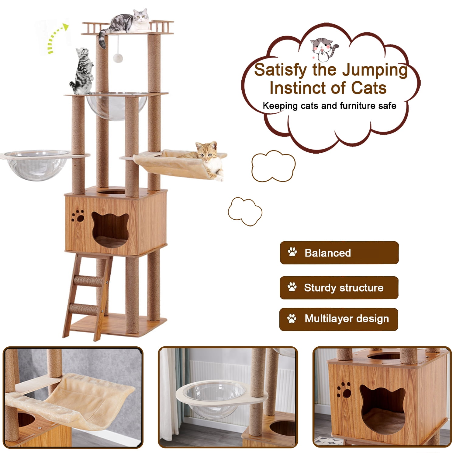 Mekidulu 61in Tall Wooden Cat Tree with 2 Transparent Capsule Pods, 6-Level Heavy Duty Wood Cat Tower for Large Cats, Dark Wood