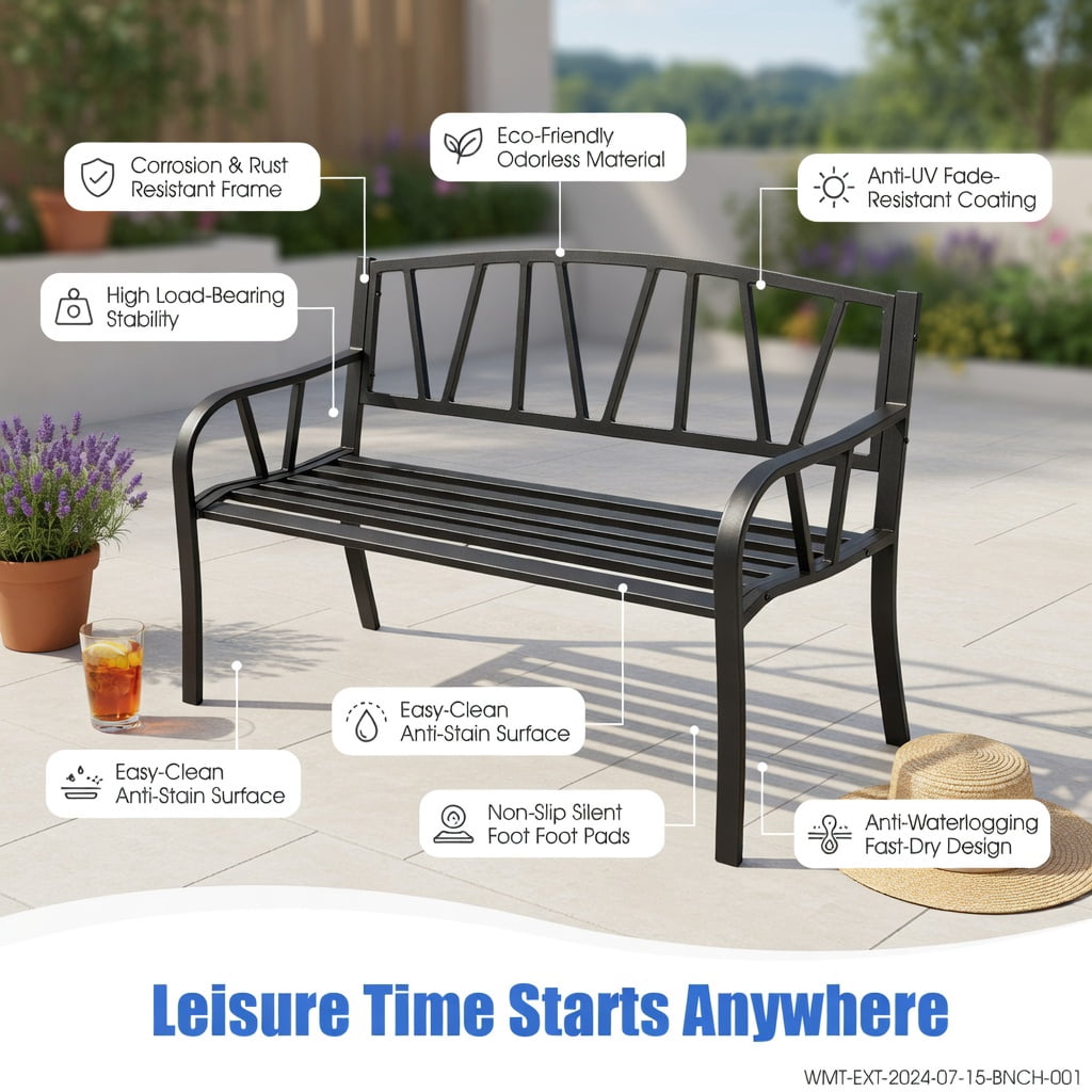 Hommoo Outdoor Patio Bench with Heavy-Duty Metal Frame, Slatted Garden Bench for Backyard, Porch & Deck, Ergonomic 105° Backrest, Black