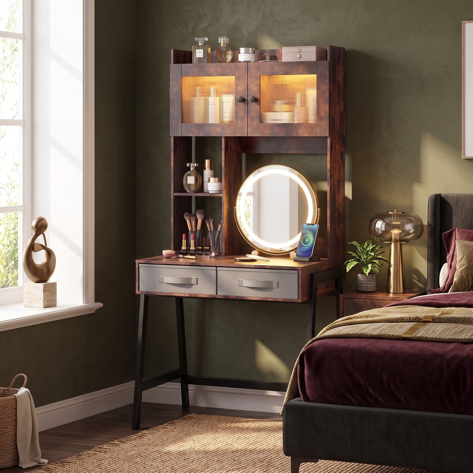 Furnibear Vanity Desk with 360 Degree Rotatable Lighted Mirror and Lighted Cabinet and Charging Storage Shelves, Rustic Brown