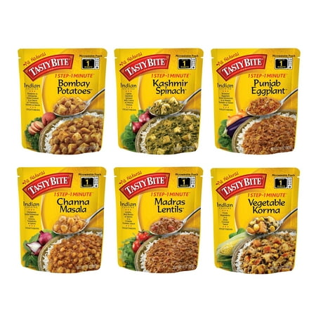 Kashmir Spinach - Tasty Bite Indian Entree Variety Pack 10 Ounce 6 Count, Fully Cooked Indian Entrées, Includes Bombay Potatoes, Kashmir Spinach, Punjab Eggplant, Channa Masala, Madras Lentils, Vegetable Korma
