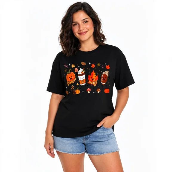 Women's Cute Fall Characters Graphic T-Shirt, Pumpkin Coffee Football Cotton Casual Tee