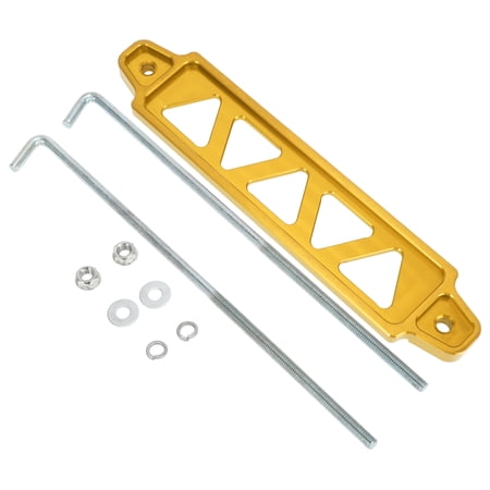 Unique Bargains Universal Car Battery Tie Down Bracket Hold Lock Battery Hold Down Bracket Aluminum Alloy Gold Tone 1Set with J-hook Nut Washers Protective Sleeves
