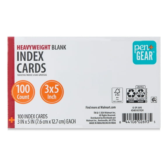 Pen+Gear Unruled Heavyweight Index Cards, White, 3" x 5", 100 Count