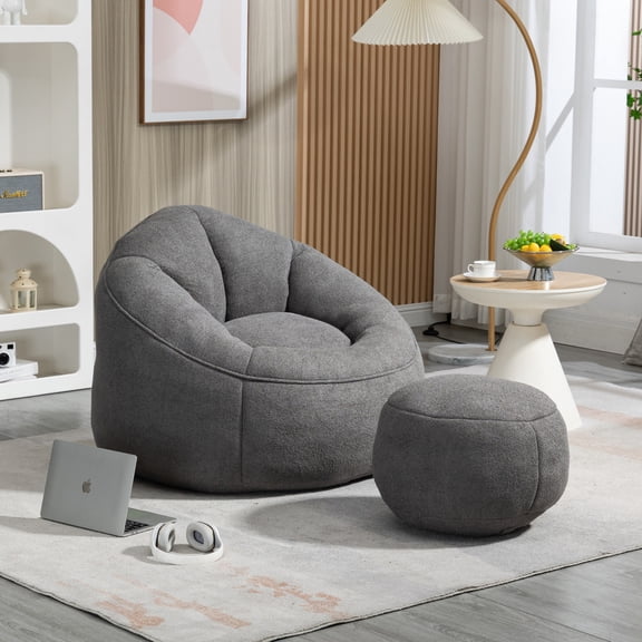 Accent Bean Bag Chair with Footrest,Comfy Upholstered Sofa Couch Chair for Living Room Bedroom, Easy to Move, Grey