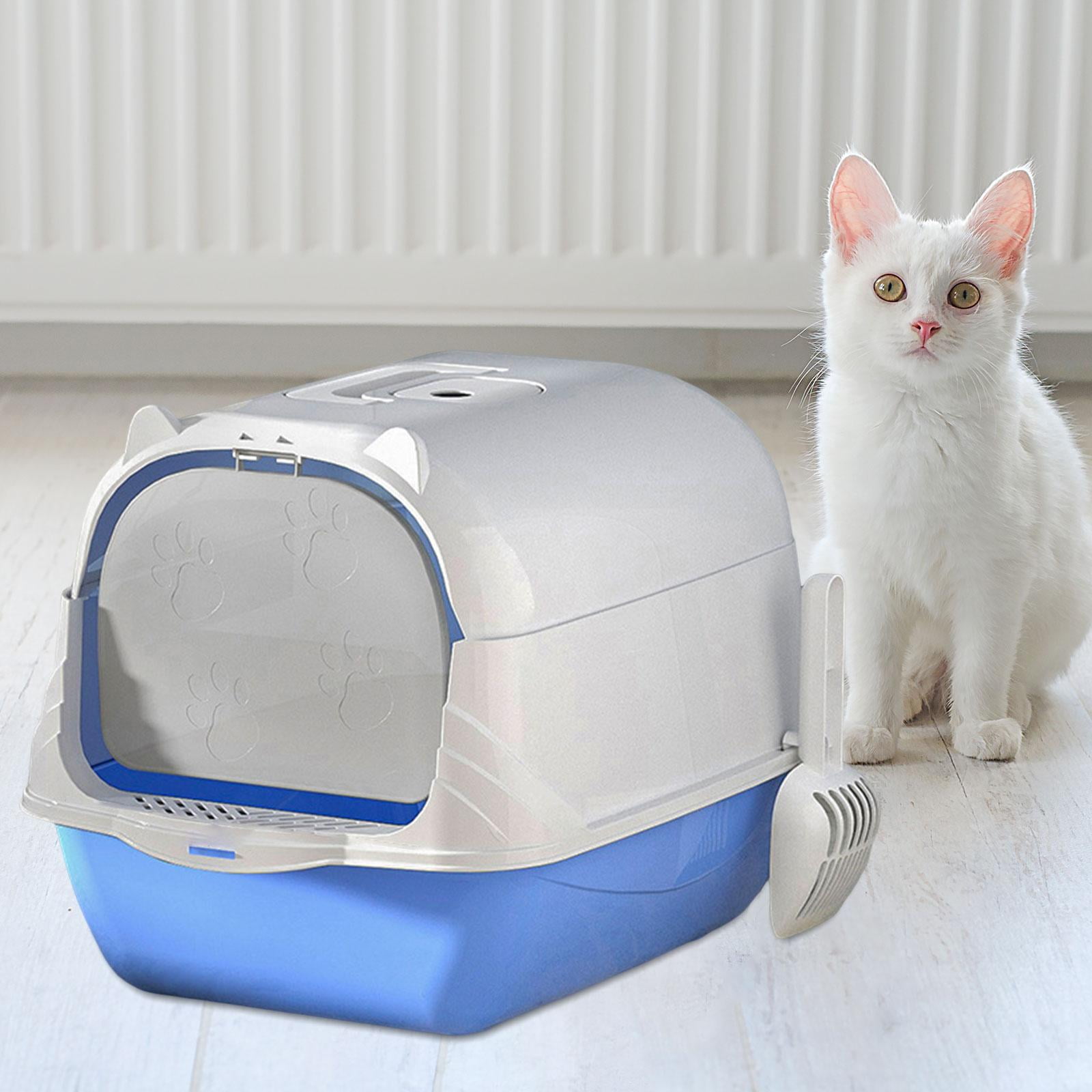 Fully Enclosed Cat Toilet Hooded Cat Litter Box with Handle Durable with Front Door Flap Heavy Duty Pet Supplies Pet Litter Box Kitten Potty Blue