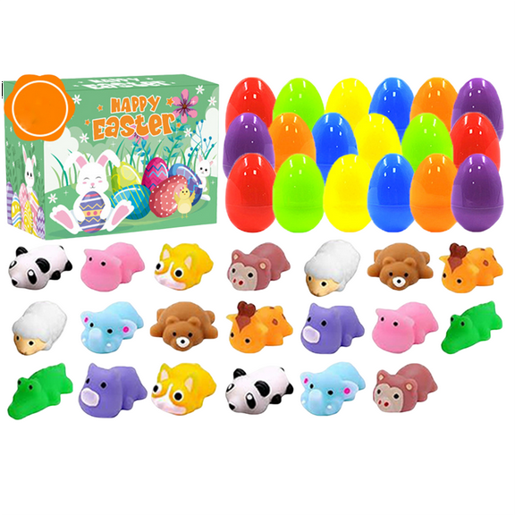 Easter Eggs Decoration, Easter Egg Toy Set with 24 Colorful Plastic Eggs and 24 Animal Squishies, Perfect for Easter Egg Hunts and Party Favors