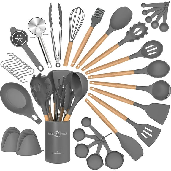 Silicone Kitchen Cooking Utensils Sets with Holder,Nonstick Heat Resistant,Wooden Handle,Grey