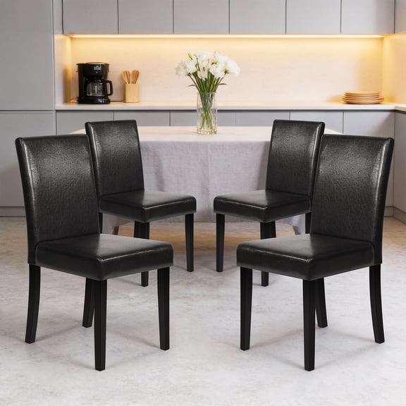 Dkelincs Leather Dining Chairs Set of 4, Modern Parsons Armless Kitchen Side Chairs with Solid Wooden Legs for Home Kitchen Dining Room Living Room, Black