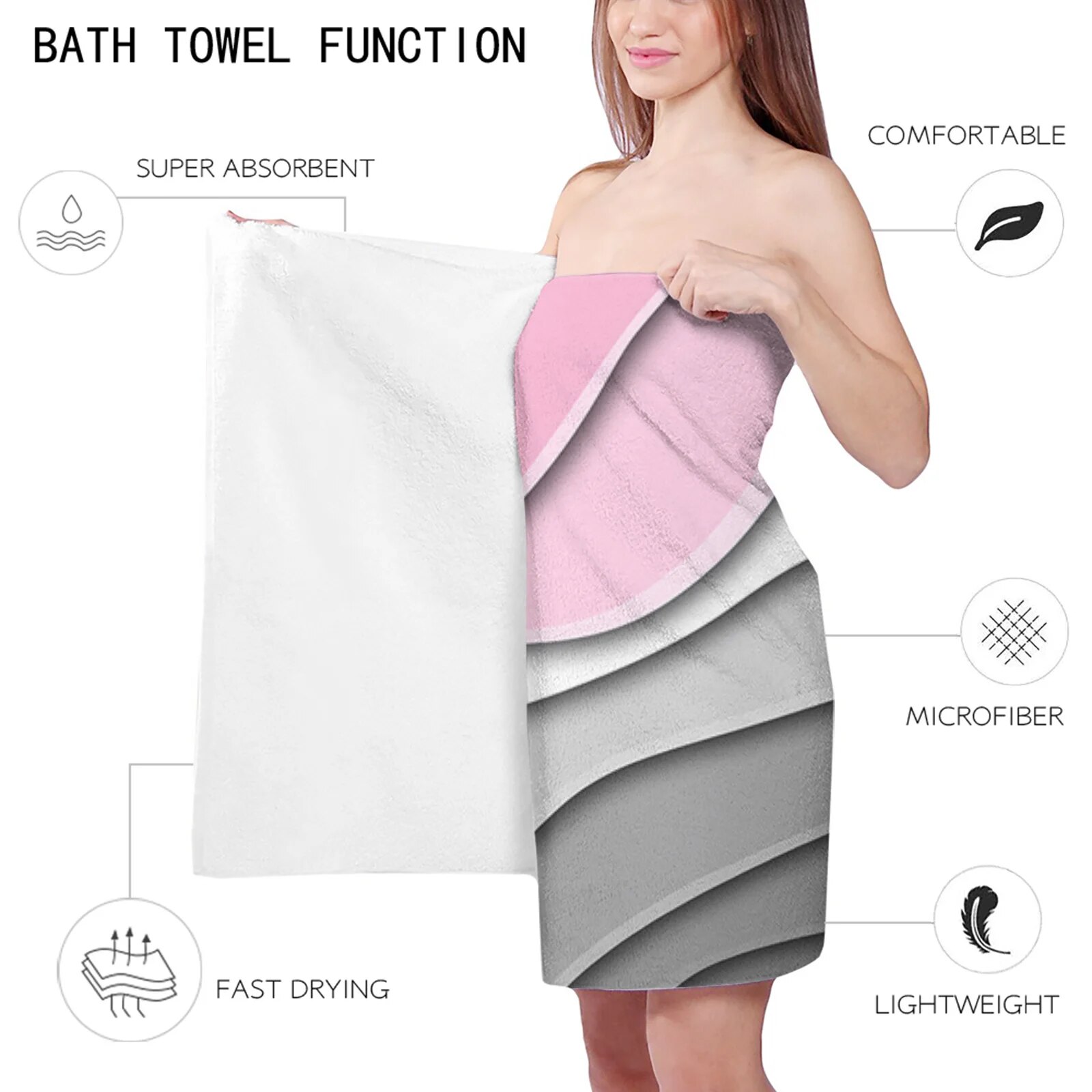 Pink Grey Gradient Fashion Bath Towel for Bathroom Swimming Microfiber ...