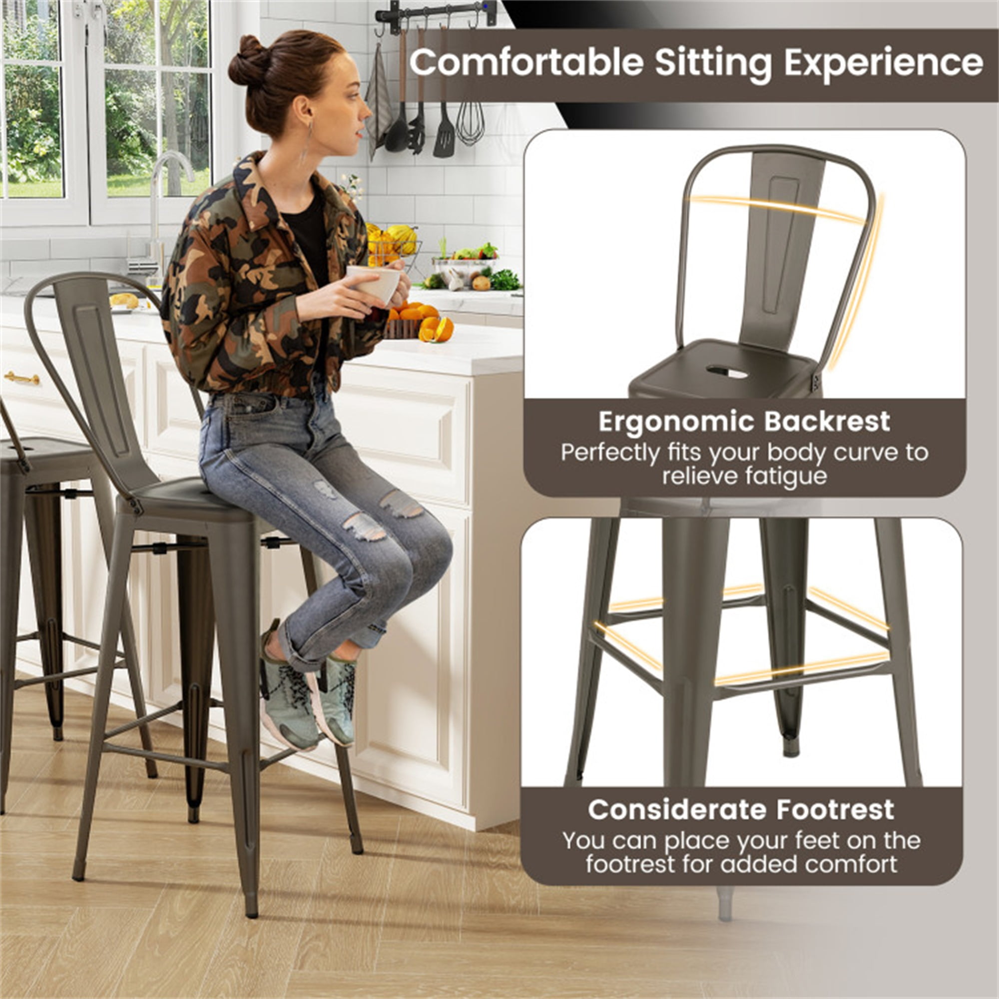 Demi Bonn 30" Height Set of 4 High Back Metaldustrial Bar Stools, Modern Dining Chair with Backrests, Brown