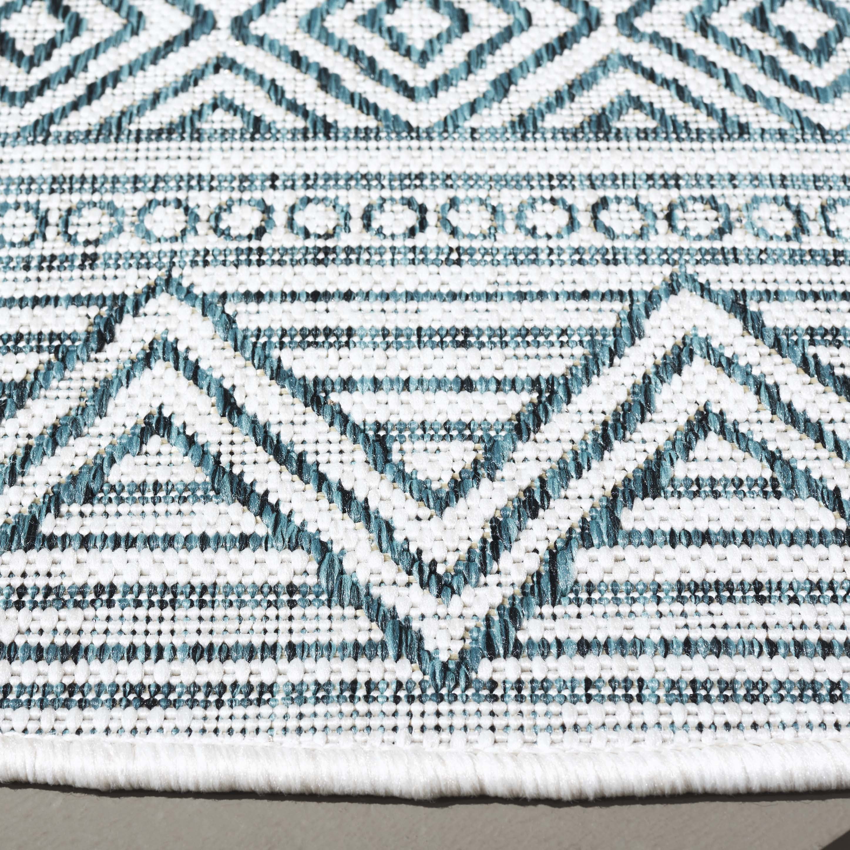 SAFAVIEH Courtyard Altan Geometric Indoor/Outdoor Area Rug, Ivory/Turquoise, 6'7" x 6'7" Round