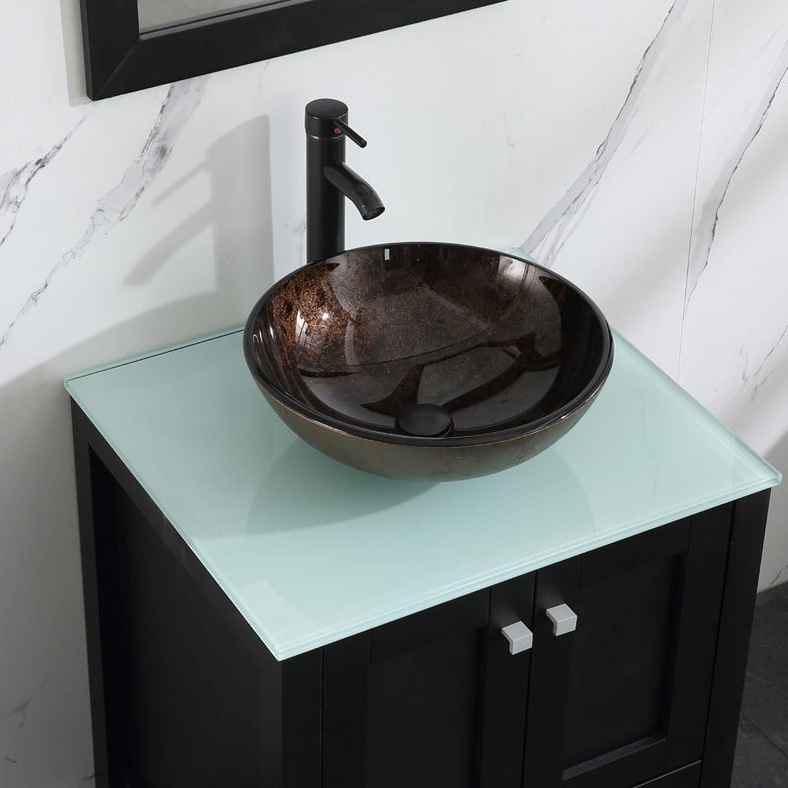 Walsport 24" Luxurious Bathroom Vanity with Brown Tempered Glass Vessel Sink Bowl and Countertop and Mirror and Faucet,Stand Floor Cabinet Bathroom Storage Vanity with Pop Up Drain,Black