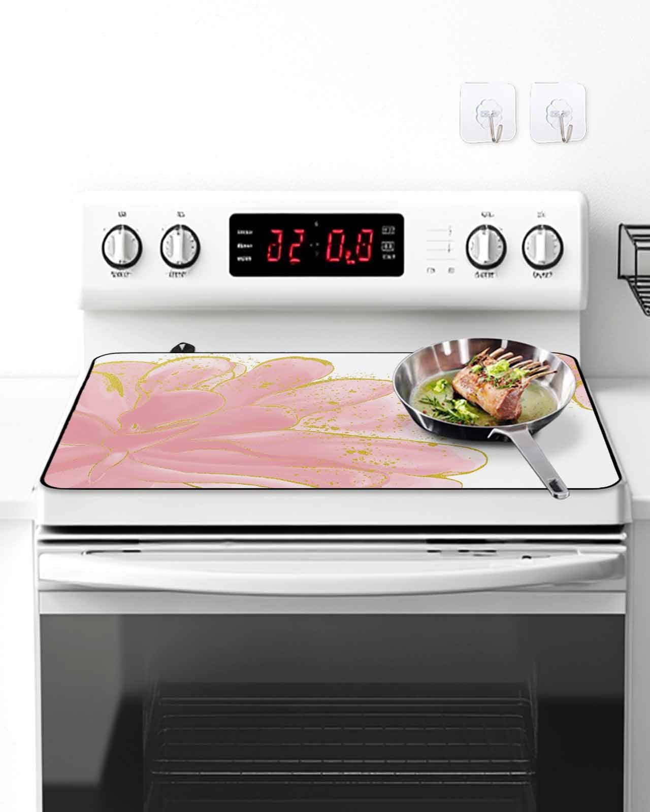 Stove Top Covers for Electric Stove, Pink Gold Glass Stovetop Cover Protector, Boho Modern Abstract Minimalist Aesthetic Flower Induction Cooktop Protector Oven Mat for Kitchen Countertop 24"x21"