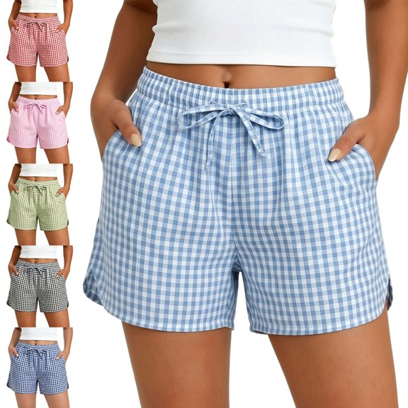 ITSAME Womens Casual Shorts Plaid Print Drawstring Elastic Waist Summer Loose Comfy Shorts Dark Blue Size L