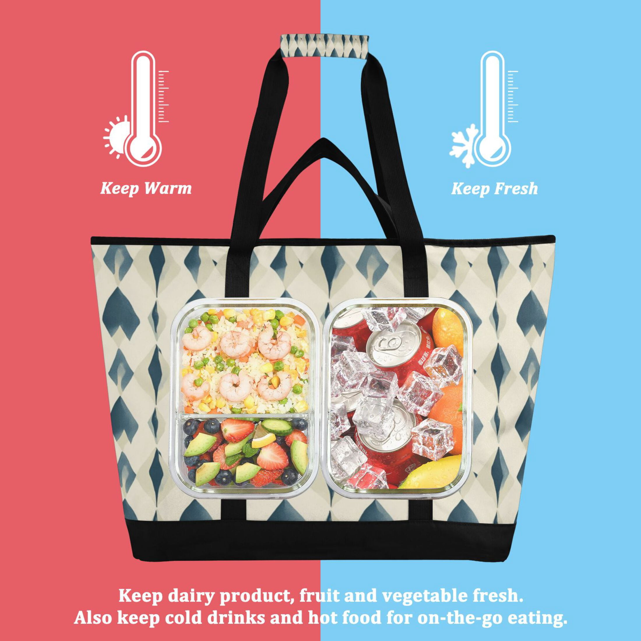 Large Hand-held Ice Pack Picnic Bag Insulation and Refrigeration Suitable for Shopping Picnics and Camping Super Cute Blue Squares