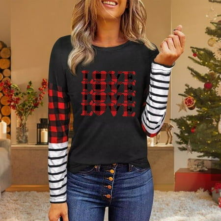 

Aueoeo Long Sleeve Shirts for Girls Winter Fashion for Women 2022 Women Fashion Casual Valentine s Day Print Loose T-Shirt Long Sleeve Round-Neck Tops