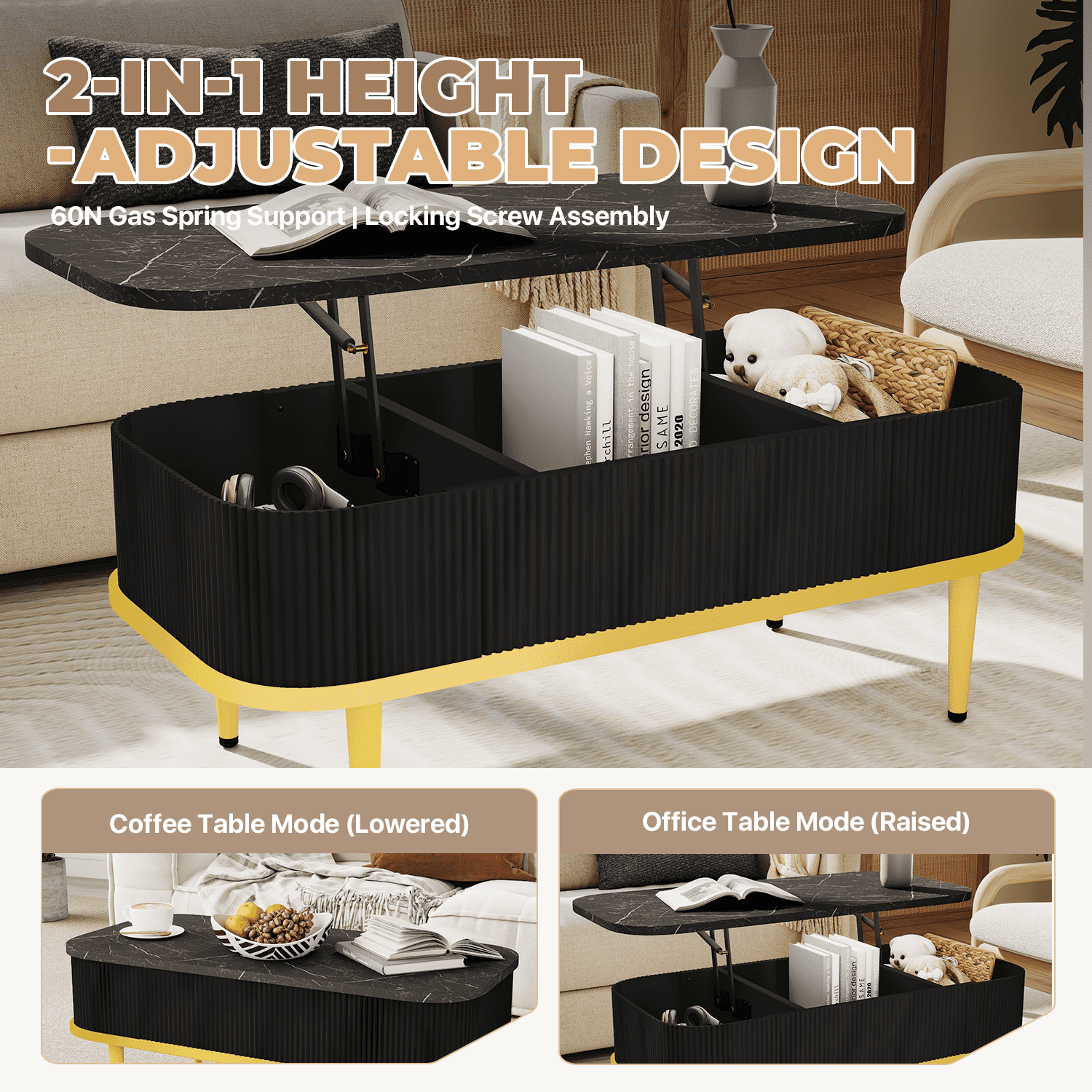 BaPiPro 39" Lift Top Coffee Table with Storage, Modern Fluted Rectangle Center Table with Hidden Compartment for Living Room, Home Office, Black