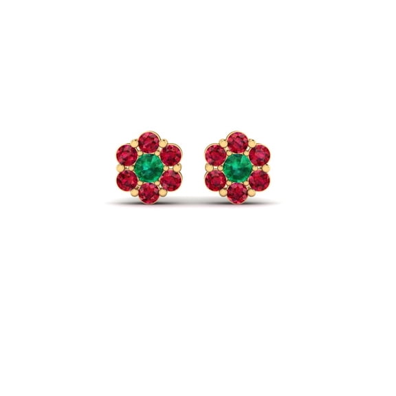 Pure Elegance 925 Silver With 14K Rose Gold Plated Ruby & Emrald Gemstone 6 MM Flower Design Stud Earrings Gift For Women